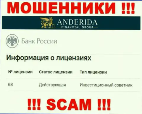 Anderida Group заявляют, что имеют лицензионный документ от ЦБ РФ (инфа с сайта мошенников)