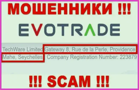 Из конторы EvoTrade Com вернуть денежные средства не получится - указанные интернет-кидалы осели в офшорной зоне: Gateway 8, Rue de la Perle, Providence, Mahe, Seychelles