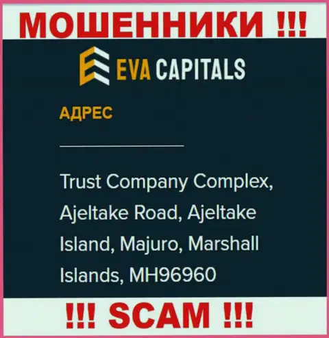 На сайте Eva Capitals представлен офшорный юридический адрес компании - Комплекс трастовой компании, Аджелтейк Роад, Аджелтейк Исланд, Маджуро, Маршалловы острова, MH96960, будьте весьма внимательны - это мошенники