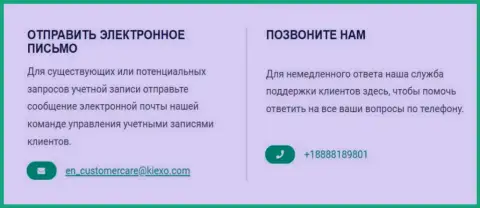 Контактный телефонный номер и почта организации Kiexo Com