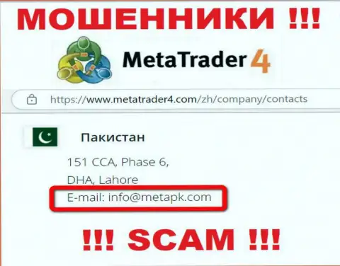 В контактных сведениях, на веб-портале мошенников МетаТрейдер4 Ком, приведена вот эта электронная почта