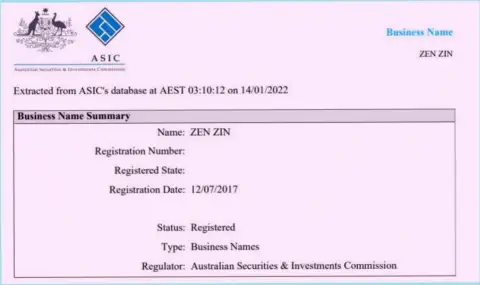 Компания Зиннейра зарегистрирована на территории Австралии