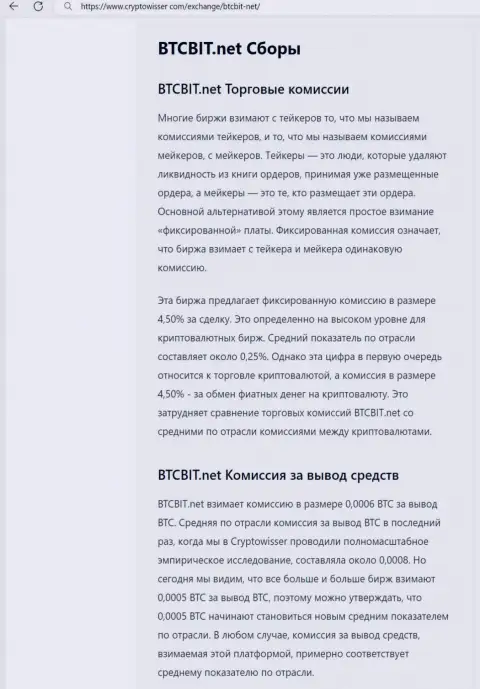 Материал с анализом комиссионных отчислений криптовалютного обменного online-пункта BTCBit Net, опубликованная на web-сайте CryptoWisser Com